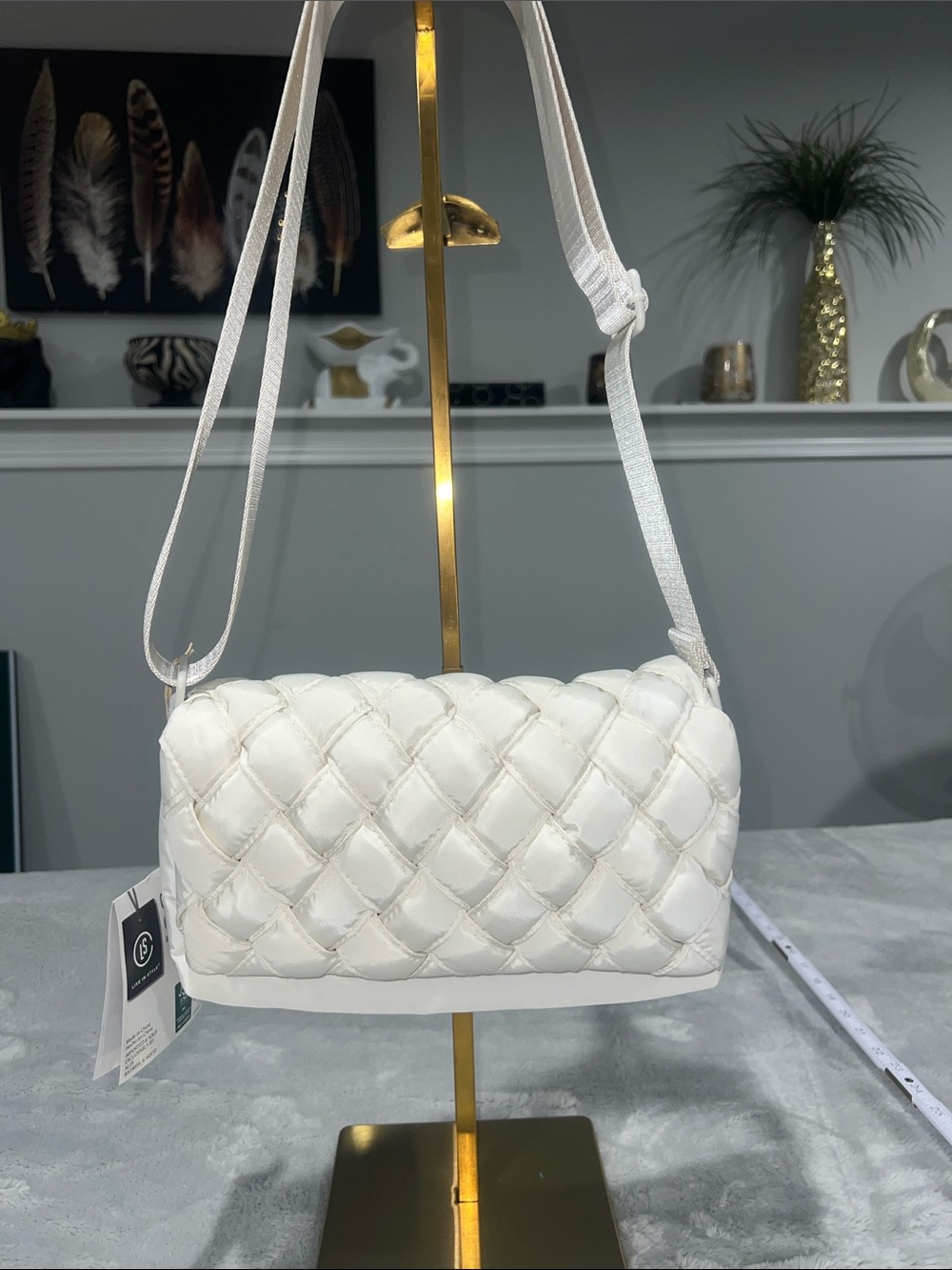 Live in Style Quilted Woven Crossbody Bag in white/cream. NEW